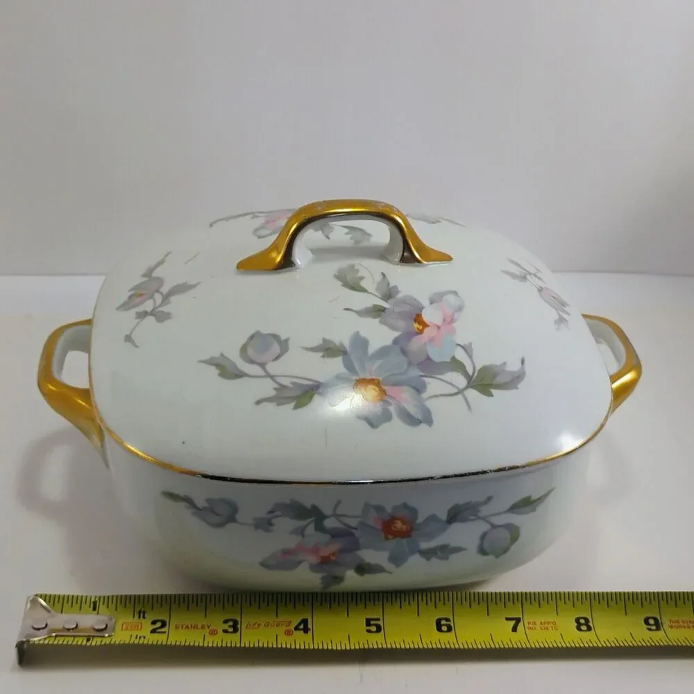 Vintage Japan Covered Vegetable Dish – Floral Pastel & Gold Trim – 8